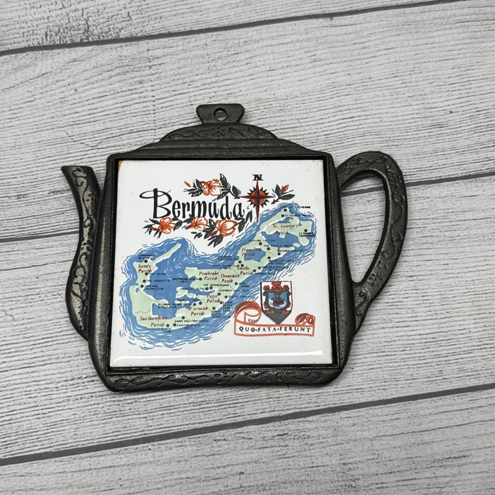 Vintage Bermuda Map Trivet Ceramic Tile Cast Iron Teapot Frame